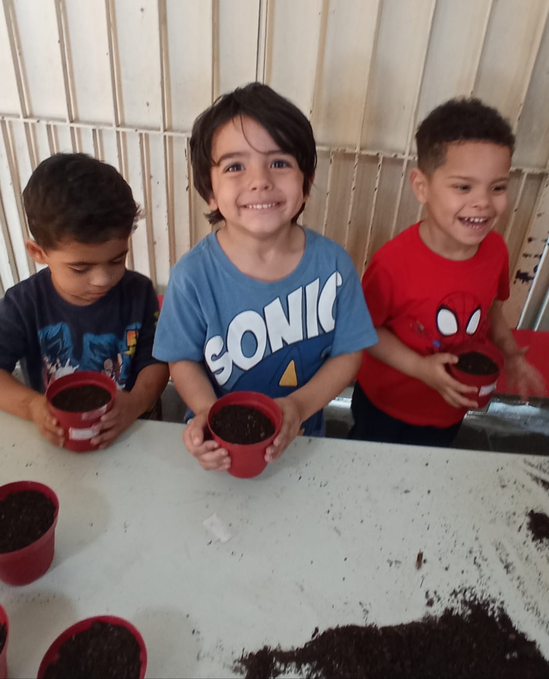 Crianças plantando mudas em vasos na escola